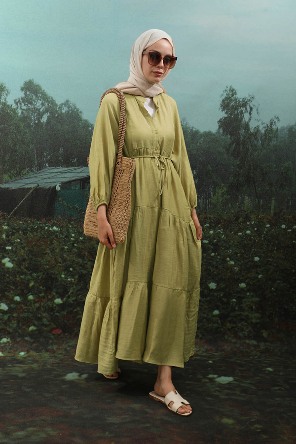V Yaka Katlı Elbise Yağ Yeşili - 1