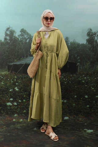 V Yaka Katlı Elbise Yağ Yeşili - 4