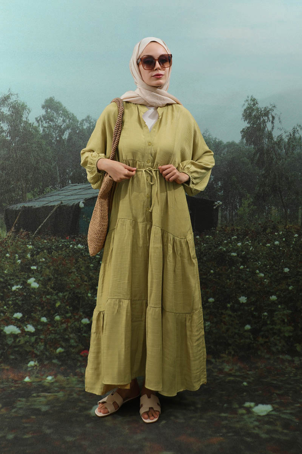 V Yaka Katlı Elbise Yağ Yeşili - 5