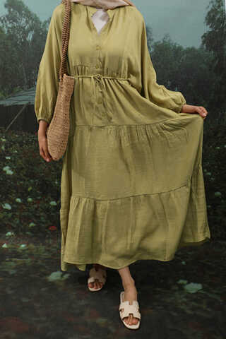 V Yaka Katlı Elbise Yağ Yeşili - 6