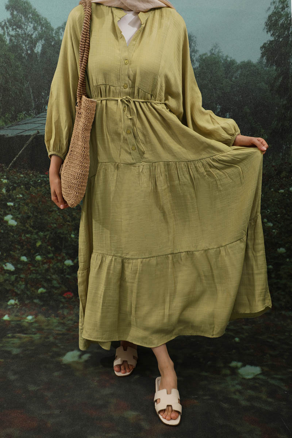 V Yaka Katlı Elbise Yağ Yeşili - 6