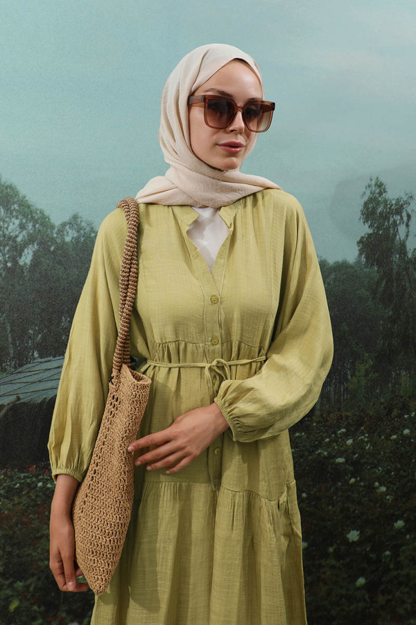 V Yaka Katlı Elbise Yağ Yeşili - 7