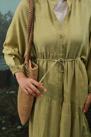 V Yaka Katlı Elbise Yağ Yeşili - 8