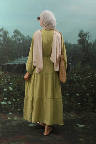 V Yaka Katlı Elbise Yağ Yeşili - 9