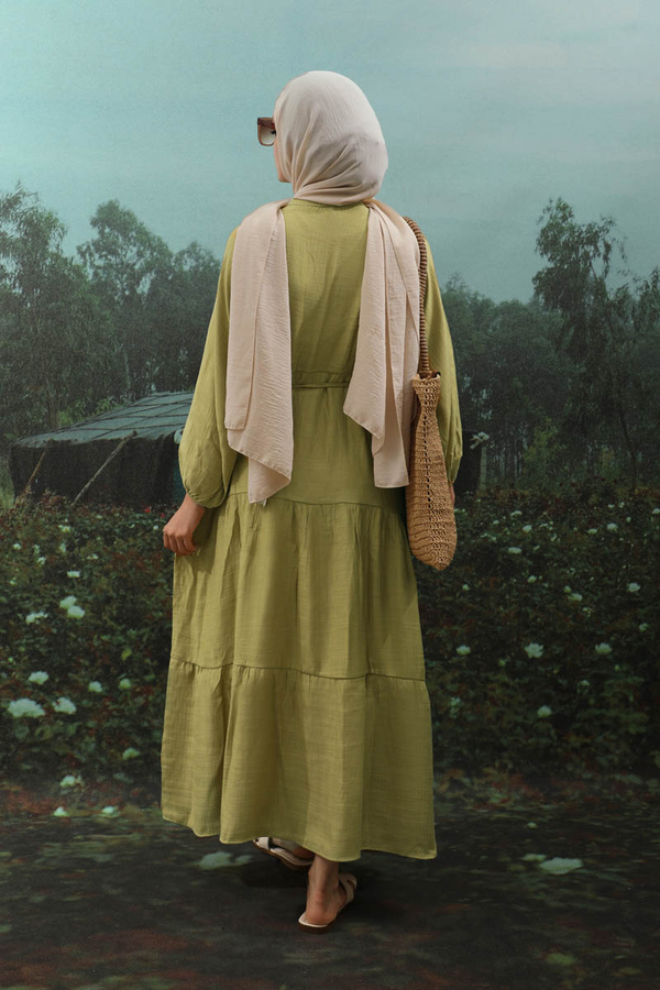 V Yaka Katlı Elbise Yağ Yeşili - 9