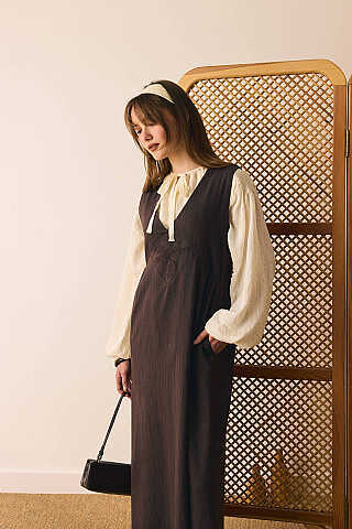 V Yaka Nakışlı Jile Kahverengi - 1