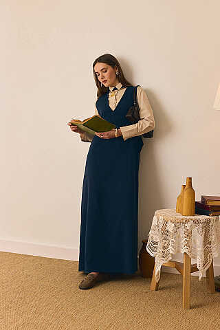 V Yaka Nakışlı Jile Lacivert - 3