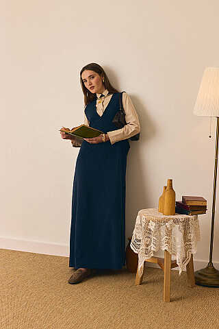 V Yaka Nakışlı Jile Lacivert - 5