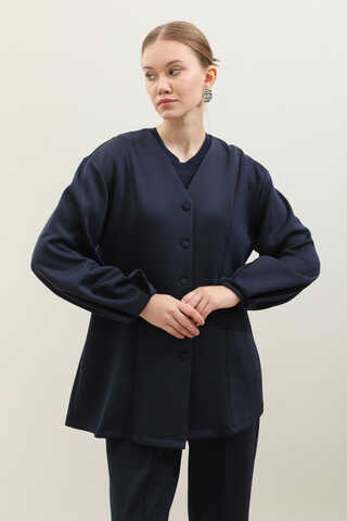 V Yaka Önden Düğmeli Takım Lacivert - 4