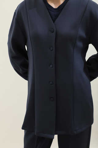 V Yaka Önden Düğmeli Takım Lacivert - 6