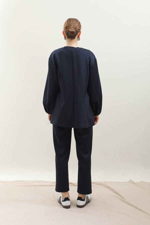 V Yaka Önden Düğmeli Takım Lacivert - 7