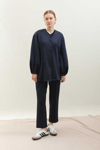 V Yaka Önden Düğmeli Takım Lacivert - 1