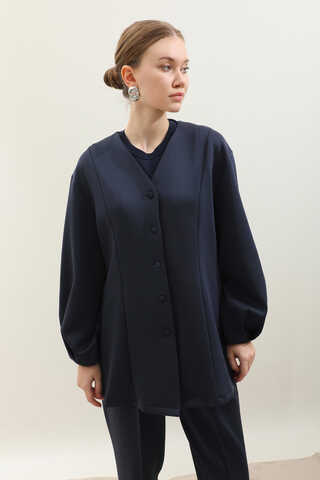 V Yaka Önden Düğmeli Takım Lacivert - 5