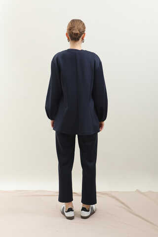 V Yaka Önden Düğmeli Takım Lacivert - 7
