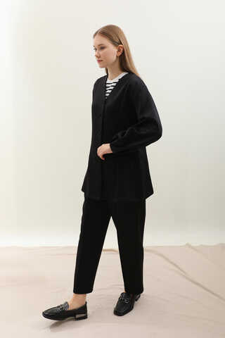 V Yaka Önden Düğmeli Takım Siyah - 5