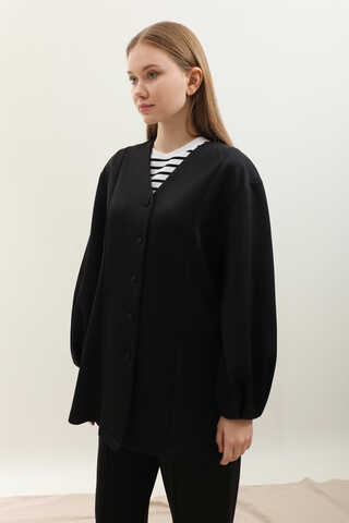 V Yaka Önden Düğmeli Takım Siyah - 1