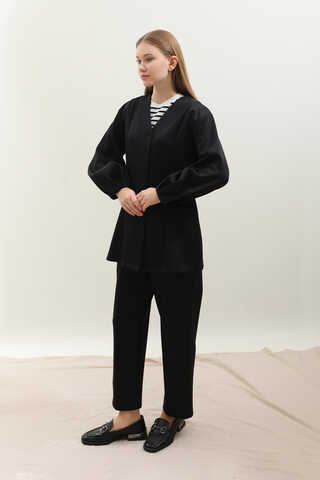 V Yaka Önden Düğmeli Takım Siyah - 4