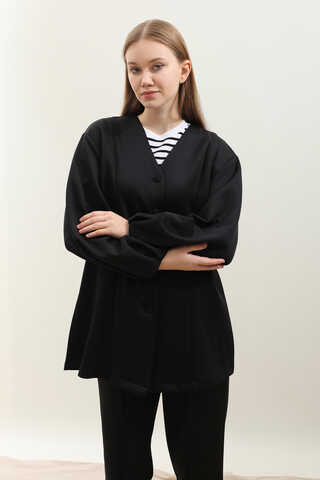 V Yaka Önden Düğmeli Takım Siyah - 6