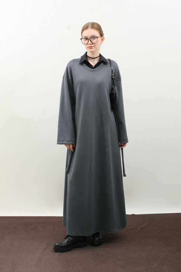 V Yaka Sweat Elbise Antrasit - 2