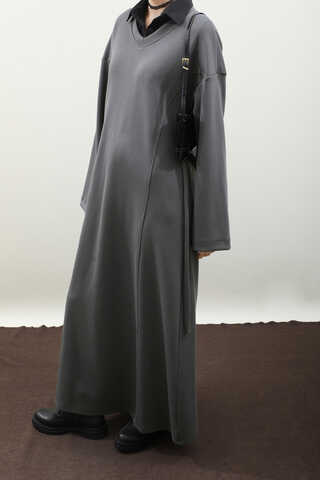 V Yaka Sweat Elbise Antrasit - 4