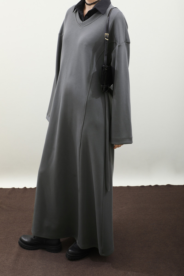 V Yaka Sweat Elbise Antrasit - 4