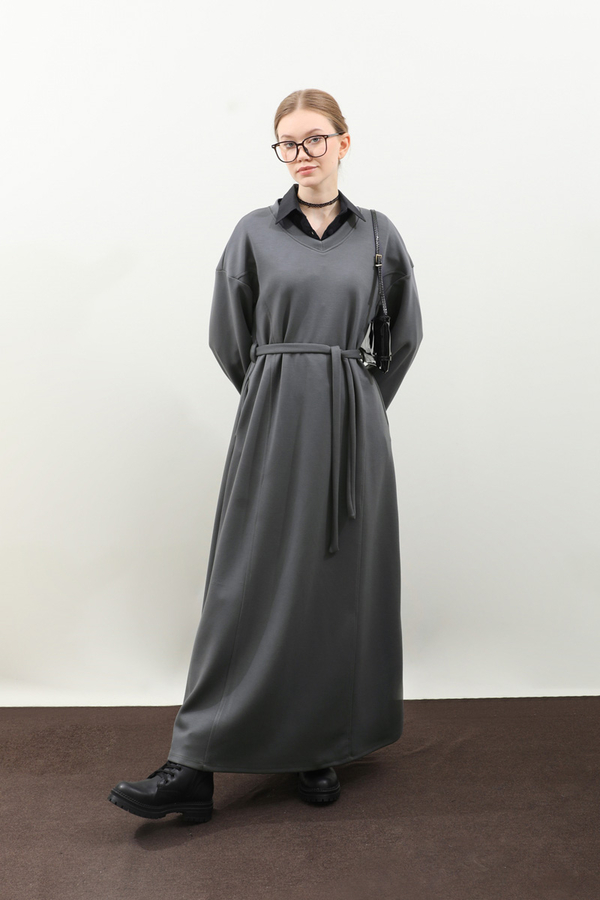 V Yaka Sweat Elbise Antrasit - 5