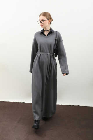 V Yaka Sweat Elbise Antrasit - 6