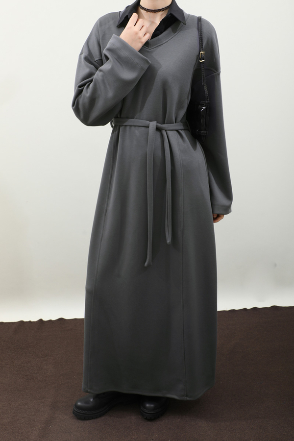 V Yaka Sweat Elbise Antrasit - 7