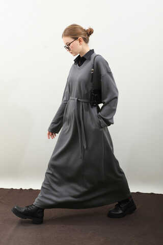 V Yaka Sweat Elbise Antrasit - 8