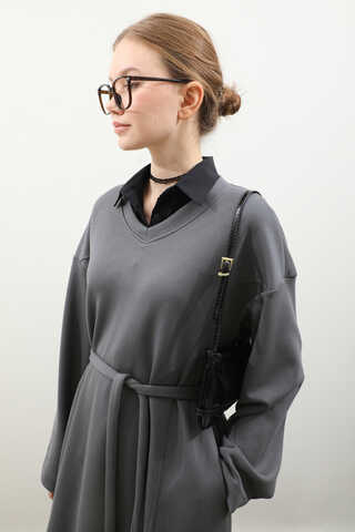 V Yaka Sweat Elbise Antrasit - 1