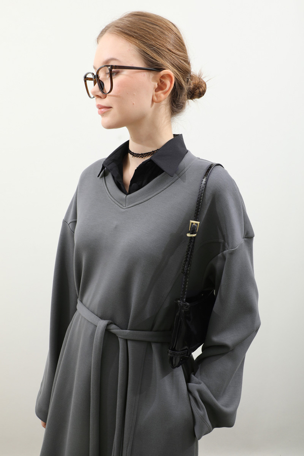 V Yaka Sweat Elbise Antrasit - 1