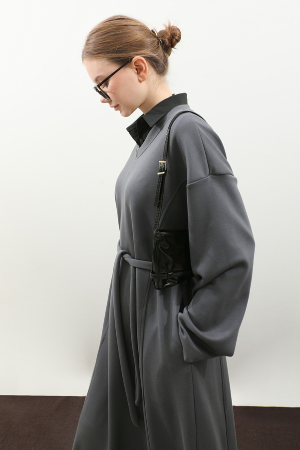 V Yaka Sweat Elbise Antrasit - 9