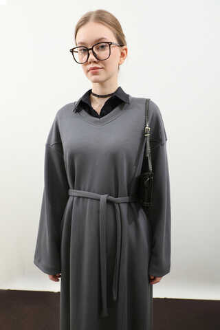 V Yaka Sweat Elbise Antrasit - 10