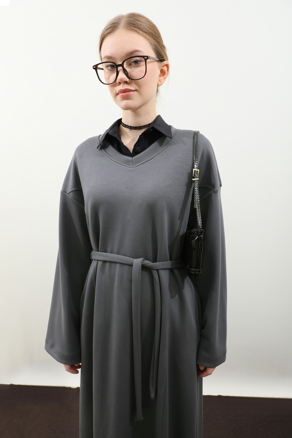 V Yaka Sweat Elbise Antrasit - 10