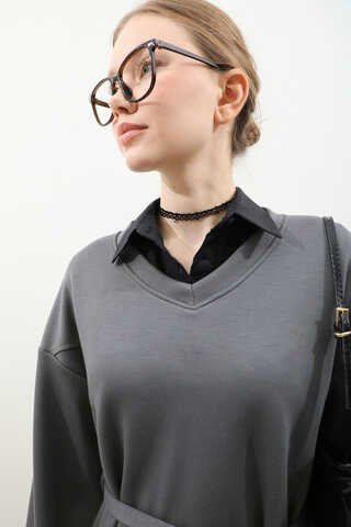 V Yaka Sweat Elbise Antrasit - 11