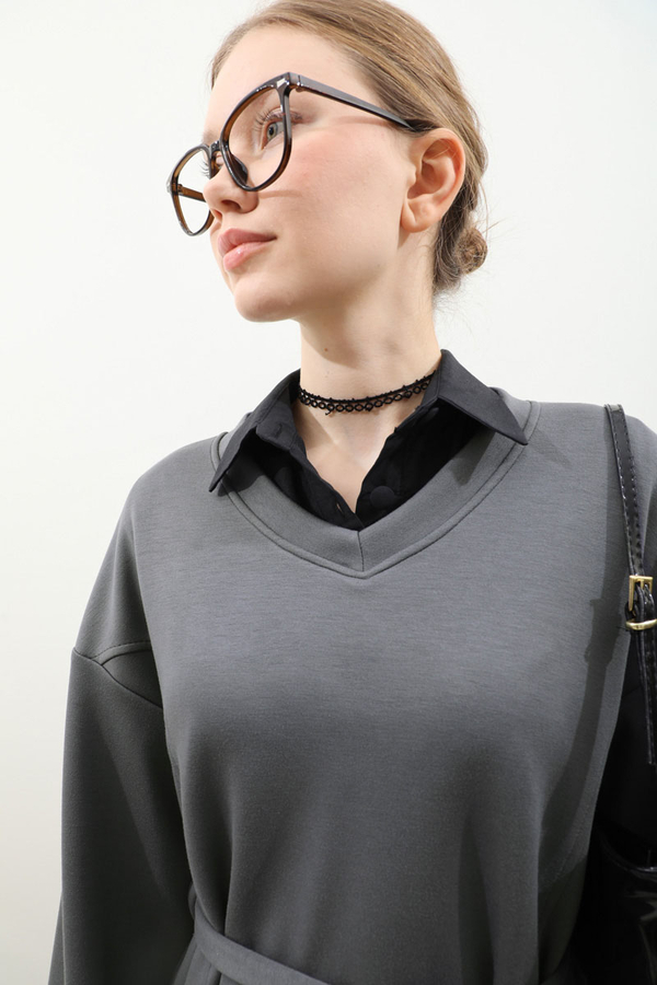 V Yaka Sweat Elbise Antrasit - 11