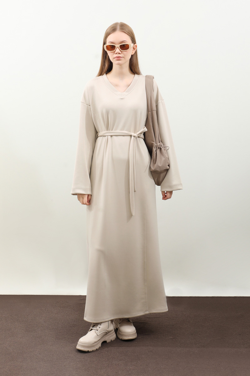 V Yaka Sweat Elbise Krem