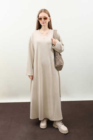 V Yaka Sweat Elbise Krem - 2