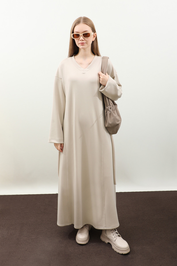 V Yaka Sweat Elbise Krem - 2