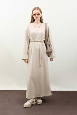 V Yaka Sweat Elbise Krem - 1