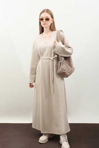 V Yaka Sweat Elbise Krem - 3