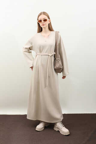V Yaka Sweat Elbise Krem - 4