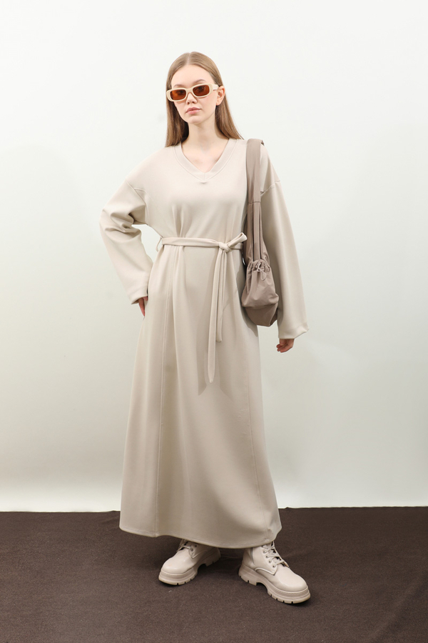 V Yaka Sweat Elbise Krem - 4