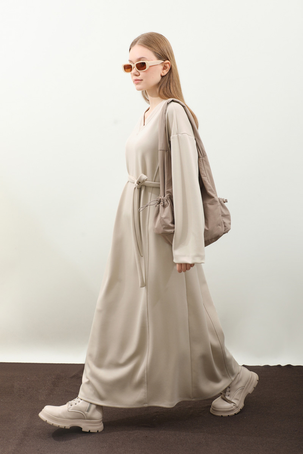 V Yaka Sweat Elbise Krem - 5