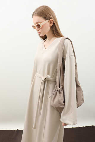 V Yaka Sweat Elbise Krem - 6