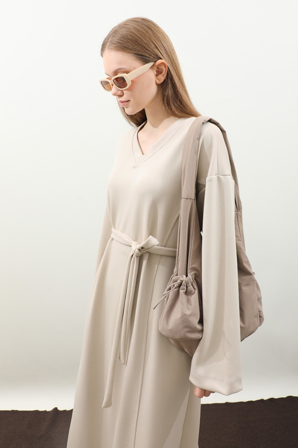 V Yaka Sweat Elbise Krem - 6