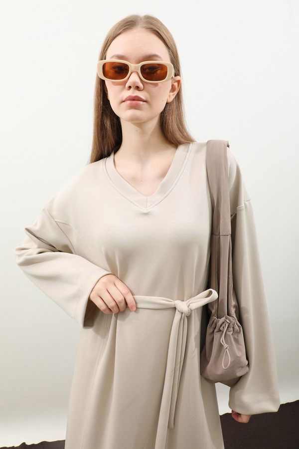V Yaka Sweat Elbise Krem - 7