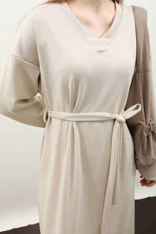 V Yaka Sweat Elbise Krem - 8