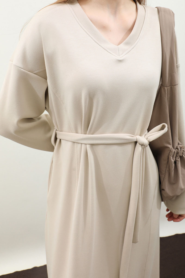 V Yaka Sweat Elbise Krem - 8