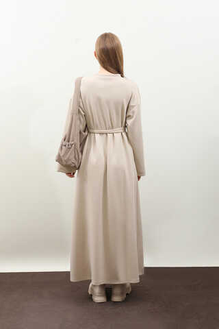 V Yaka Sweat Elbise Krem - 9